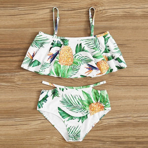 2Pcs Girls Ruffles Swimwear Children Flower Printed Kids Sling Tops Swimsuit Baby Beach Bikini Swimsuits Shower Bath Swimwear