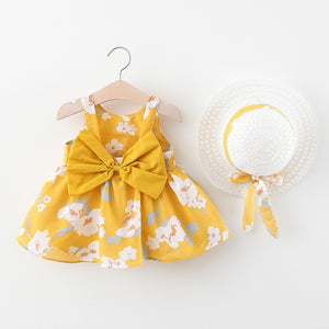 Baby Girl Dress 2020 Summer Bow Print Dress With Hat 2 piece Baby Clothes Suits Bohemia Style Newborn  Infant Toddler Dress