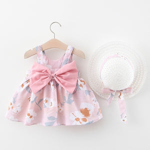 Baby Girl Dress 2020 Summer Bow Print Dress With Hat 2 piece Baby Clothes Suits Bohemia Style Newborn  Infant Toddler Dress