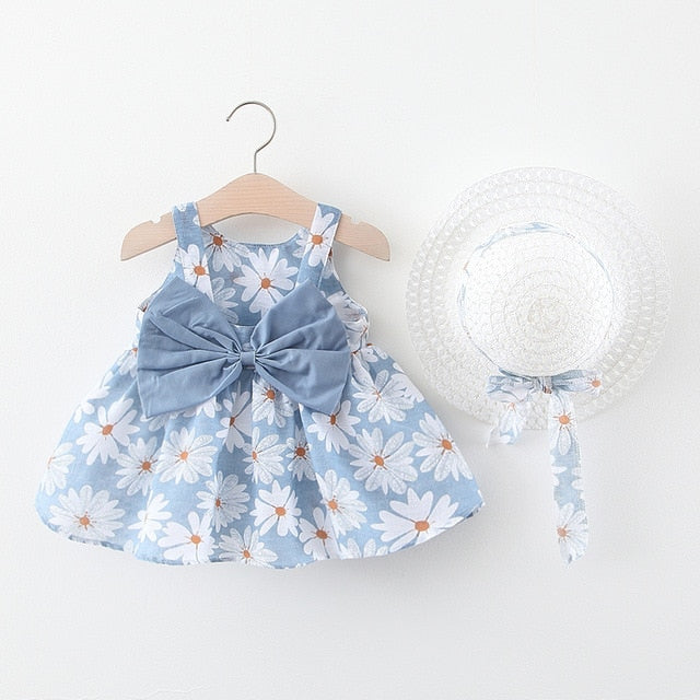 Baby Girl Dress 2020 Summer Bow Print Dress With Hat 2 piece Baby Clothes Suits Bohemia Style Newborn  Infant Toddler Dress