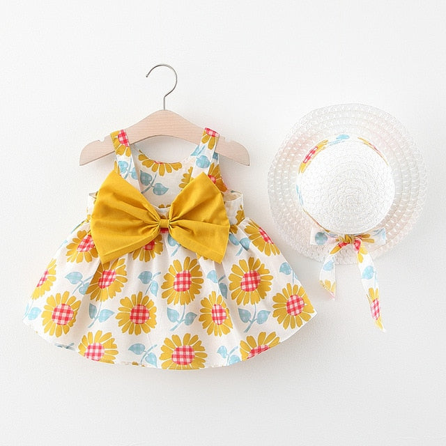 Baby Girl Dress 2020 Summer Bow Print Dress With Hat 2 piece Baby Clothes Suits Bohemia Style Newborn  Infant Toddler Dress