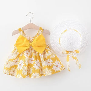 Baby Girl Dress 2020 Summer Bow Print Dress With Hat 2 piece Baby Clothes Suits Bohemia Style Newborn  Infant Toddler Dress