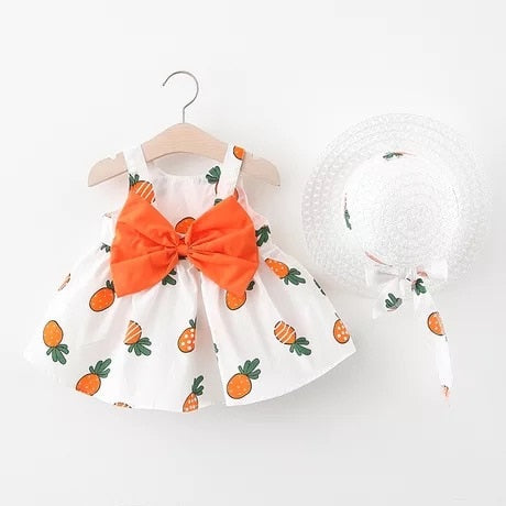 Baby Girl Dress 2020 Summer Bow Print Dress With Hat 2 piece Baby Clothes Suits Bohemia Style Newborn  Infant Toddler Dress