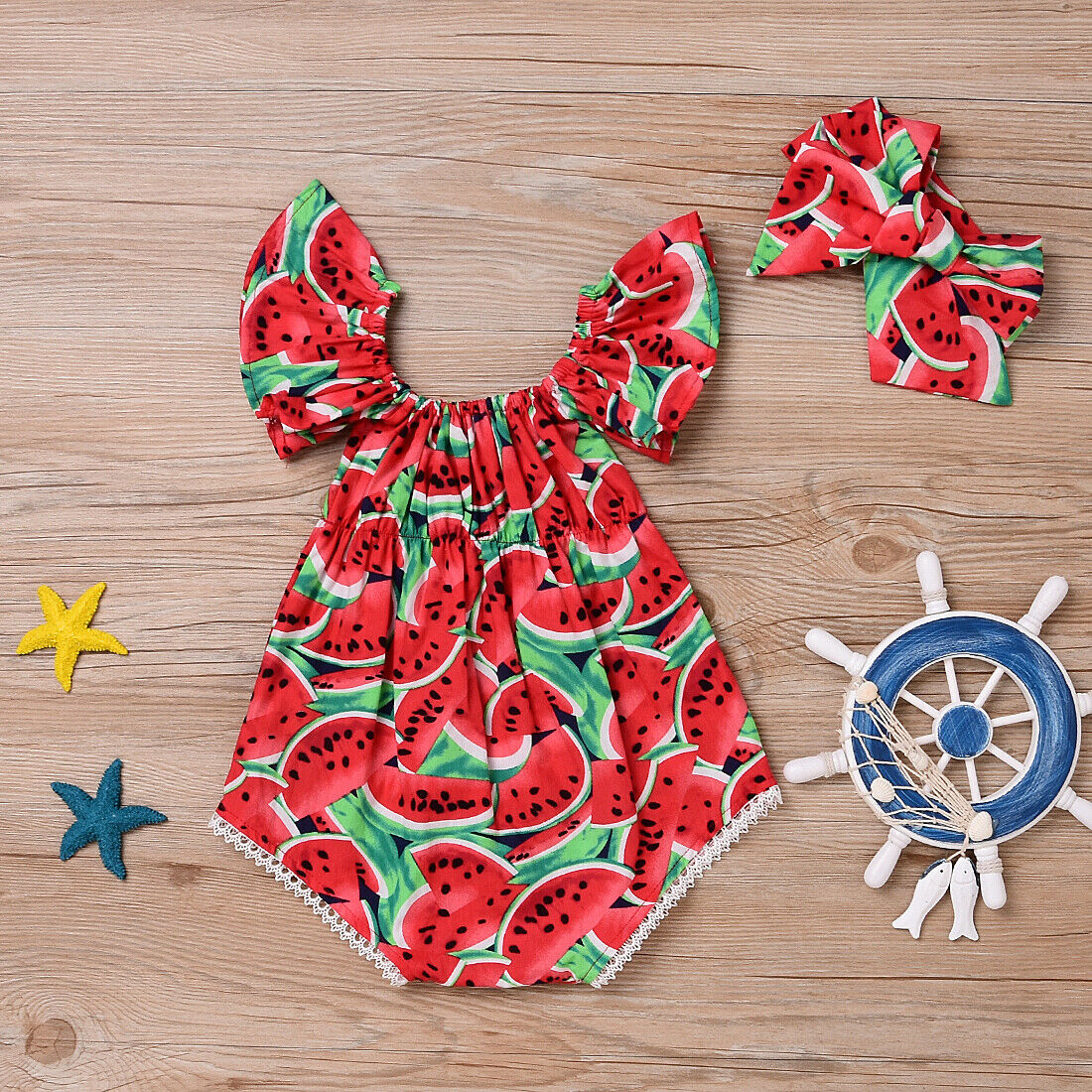 2PCS  Newborn Baby Girl Watermelon Summer  Cute Bodysuit Jumpsuit Outfit