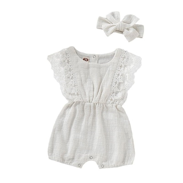 Summer Baby Girl Rompers Newborn Baby Clothes Toddler Flare Sleeve Solid Lace Design Romper Jumpsuit With Headband One-Pieces